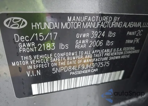 2018 Hyundai Elantra Sel z USA, uszkodzony, nr VIN 5NPD84LF9JH307575
